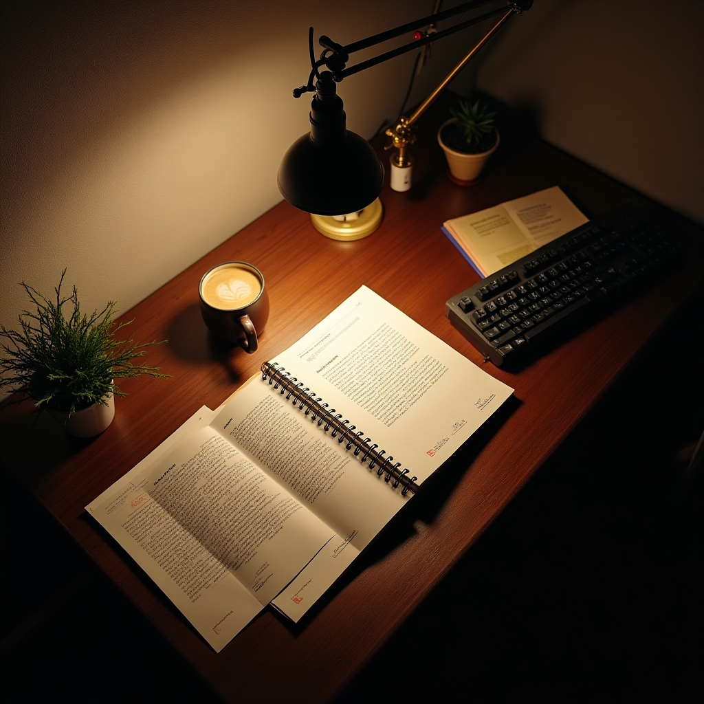 Pracovní stůl analytika s notebookem, poznámkami a šálkem kávy